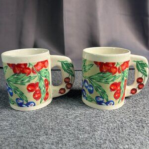 Vintage Fruit Mugs Set of 2‎ Cherry Blueberry Kitschy Fruit Mug Collection CHIPS
